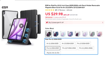 ESR for iPad Air 13/11 Case (2026/2025/2024) with Pencil Holder Removable Magnetic Back Cover for Pro 11/13&Pro 12.9/11&Air5/4
