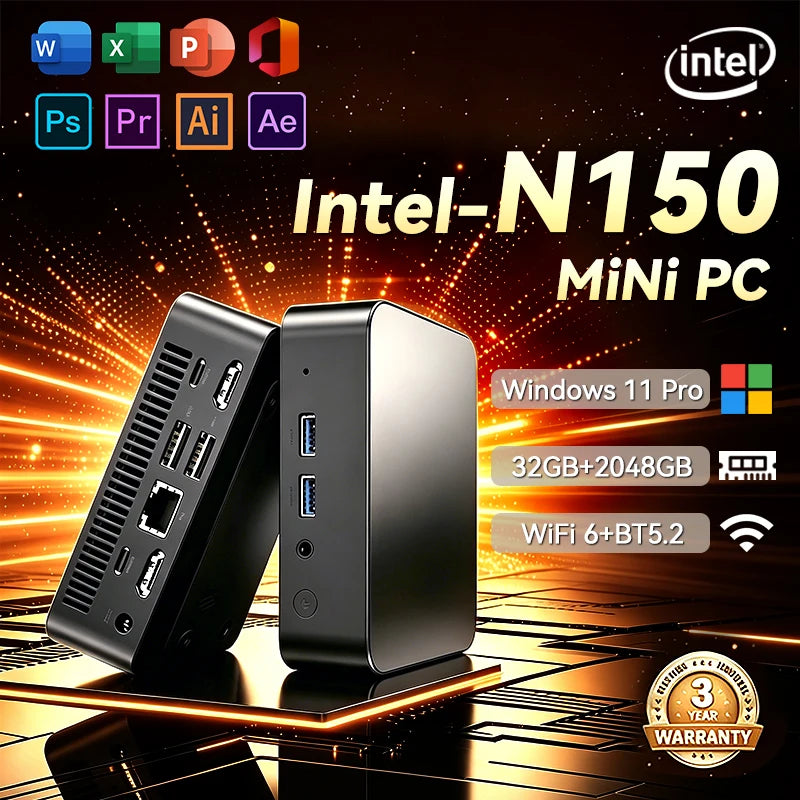 MINI PC Intel N150 Windows 11 Pro Portable Gaming PC 16GB 32GB RAM 1TB 2TB SSD Mini PC Computer Office Gamer Wifi6 BT5.2 Desktop
