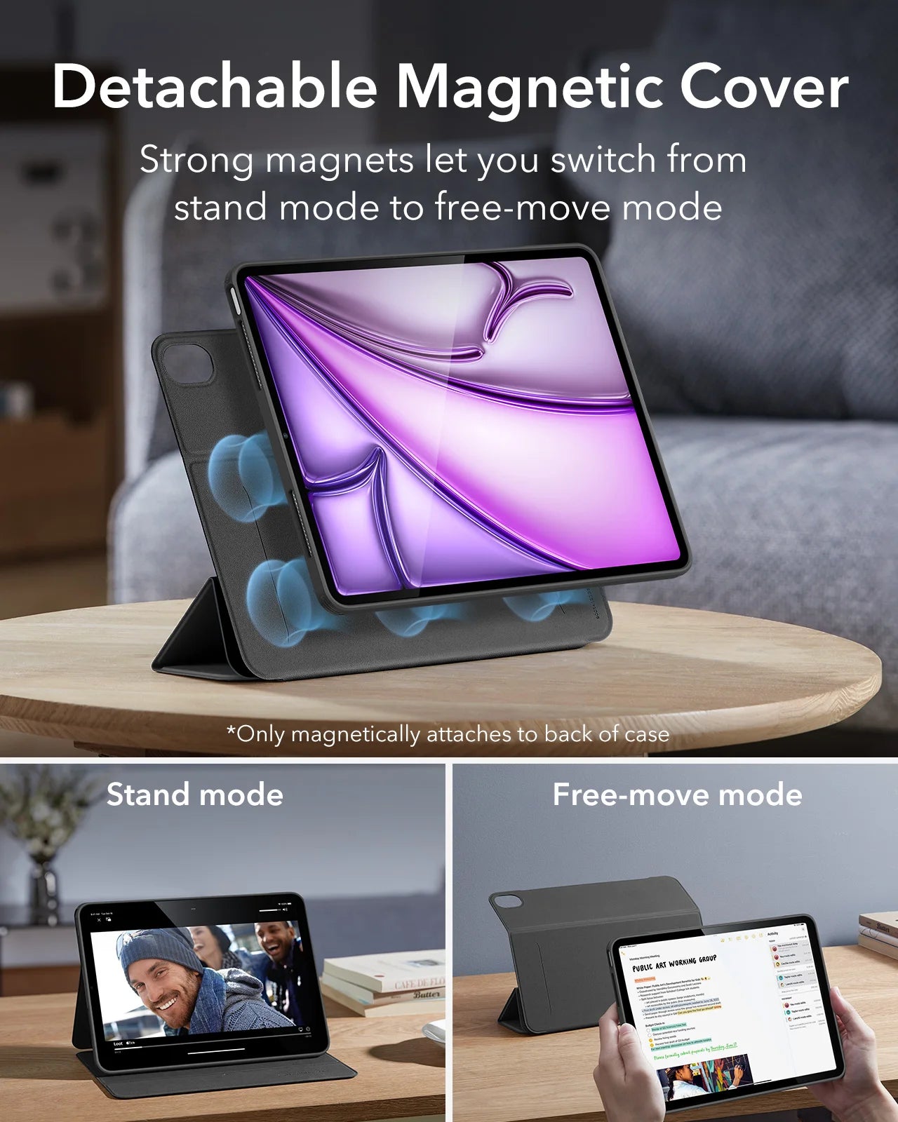 ESR for iPad Air 13/11 Case (2026/2025/2024) with Pencil Holder Removable Magnetic Back Cover for Pro 11/13&Pro 12.9/11&Air5/4