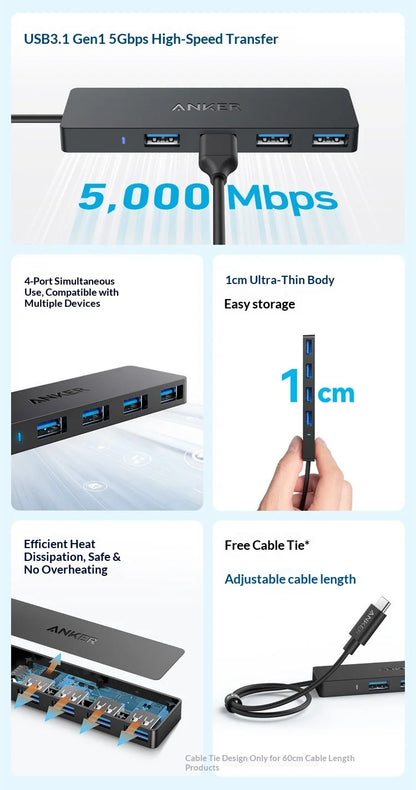 Anker Usb C Hub 4 In 1 Multi Port Adapter 5Gbps High Speed Usb 31 Data Transfer Ultra Slim Portable For Laptop Desktop Pc