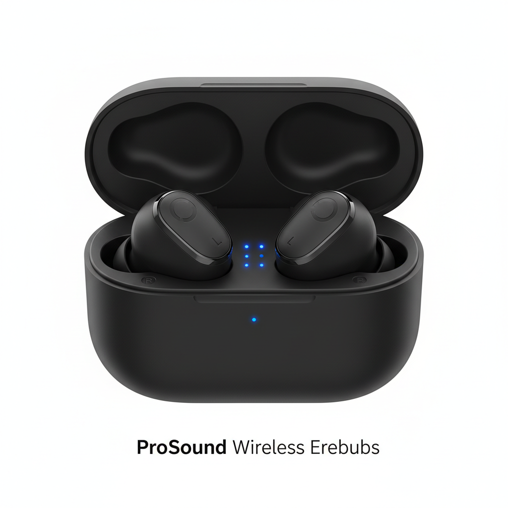 ProSound Wireless Earbuds with charging case on white background